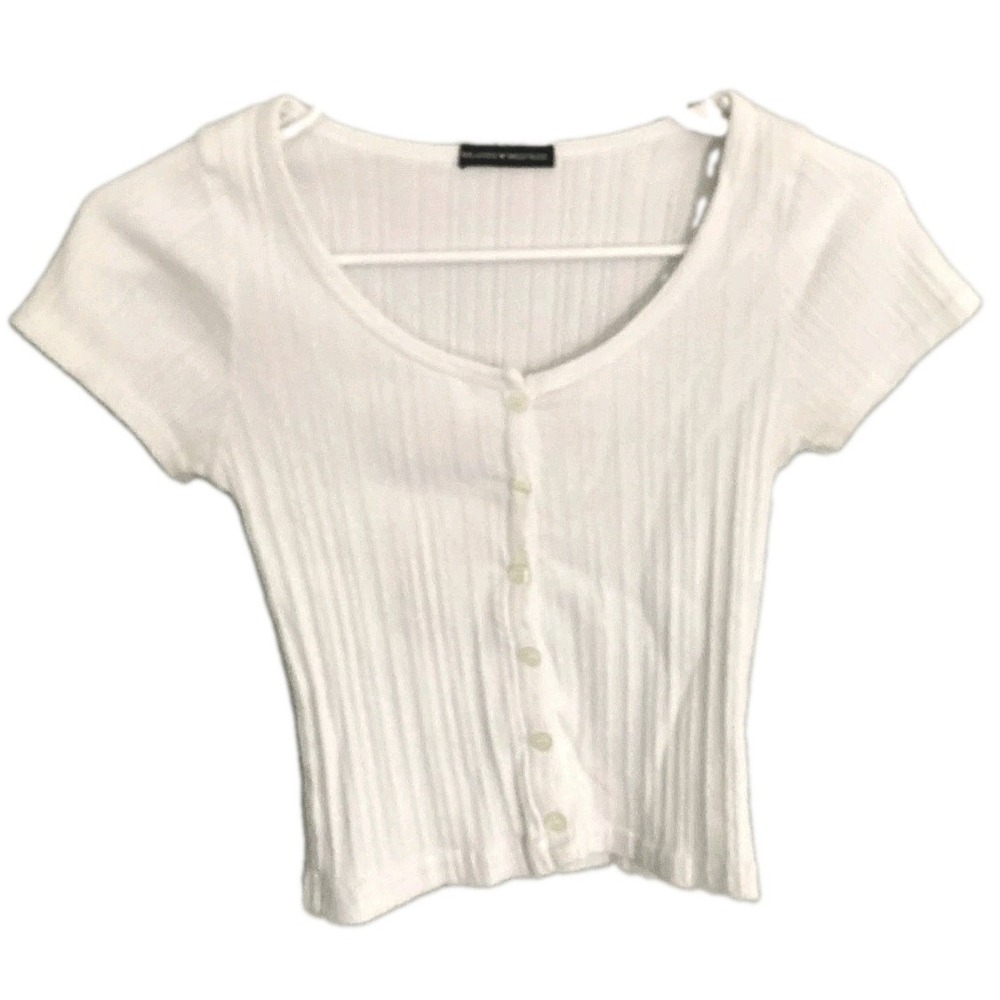 Brandy Melville Shirt Womens S/XS White Ribbed Button Front Crop Top Italy